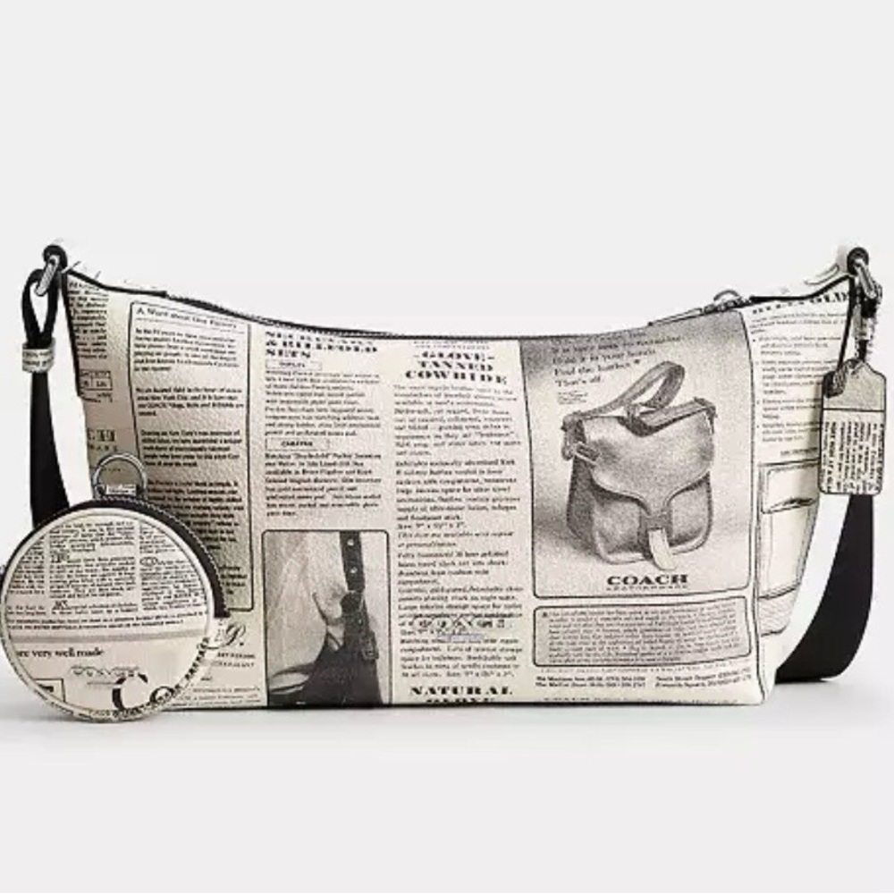 Coach Newspaper Print Shoulder Bag - Black and Cream